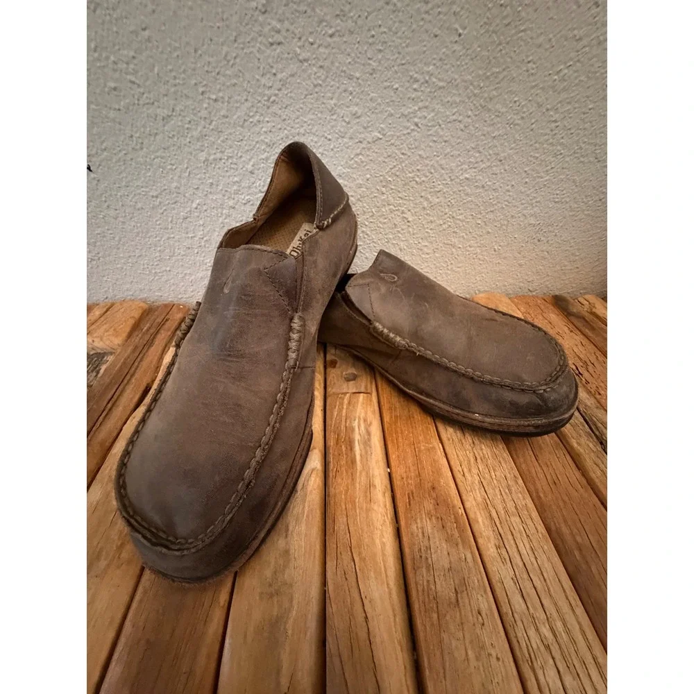 OluKai Moloa Shoes Size 9 Brown Leather Slip On Drop-In Heel Loafers 10128-6363